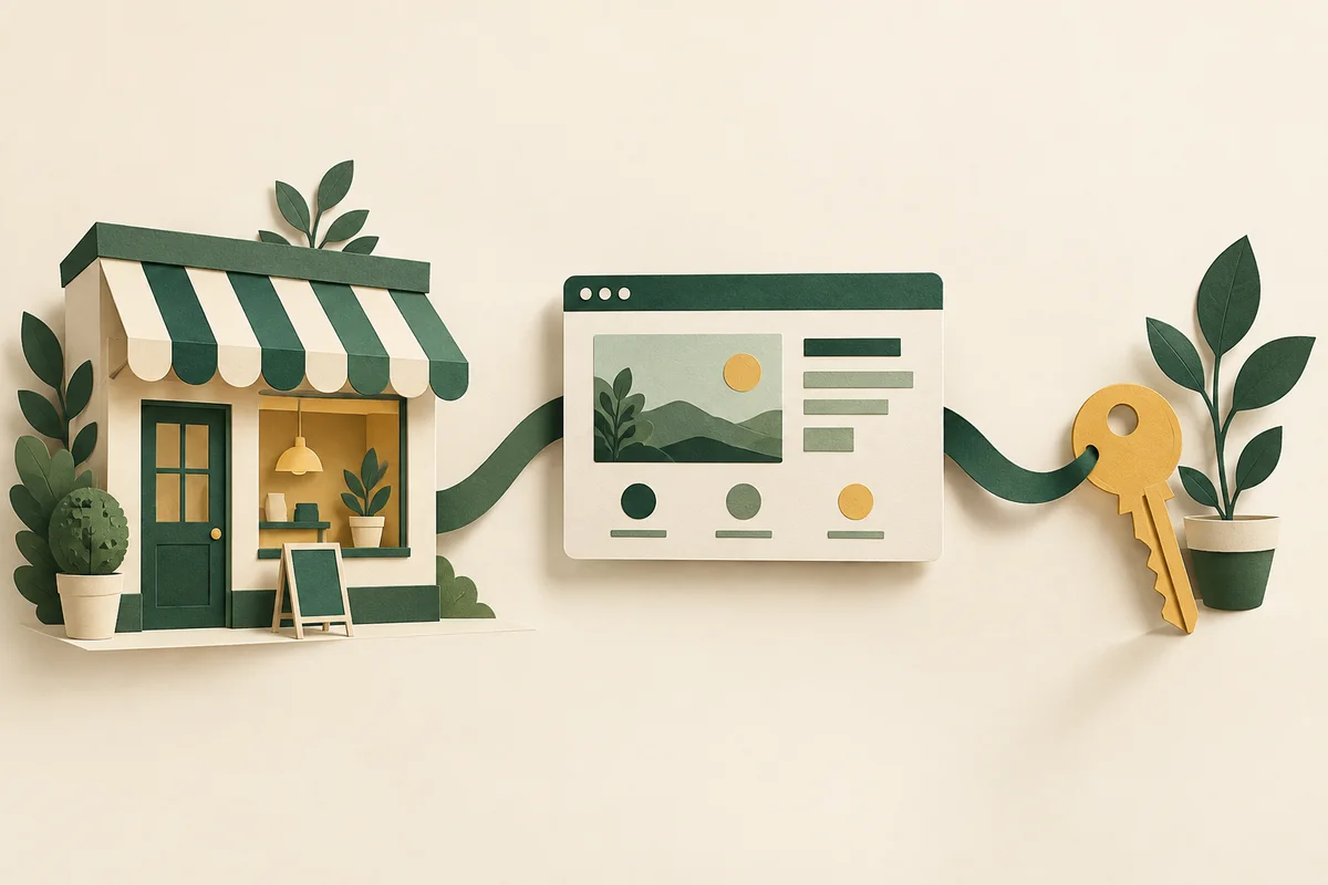 Paper-cut illustration connecting a neighborhood shop, a website and a key