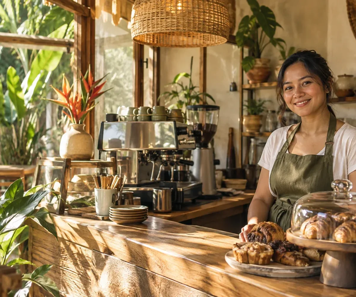 A cozy café with warm wooden counters, pastries and leafy plants