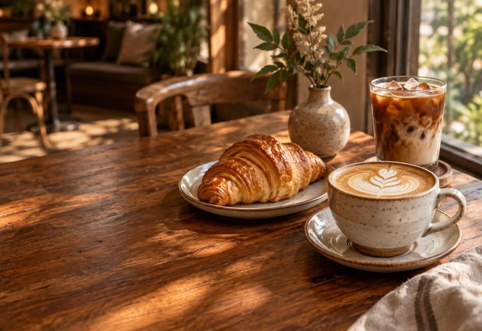 Fresh coffee and a golden croissant on a sunlit wooden café table