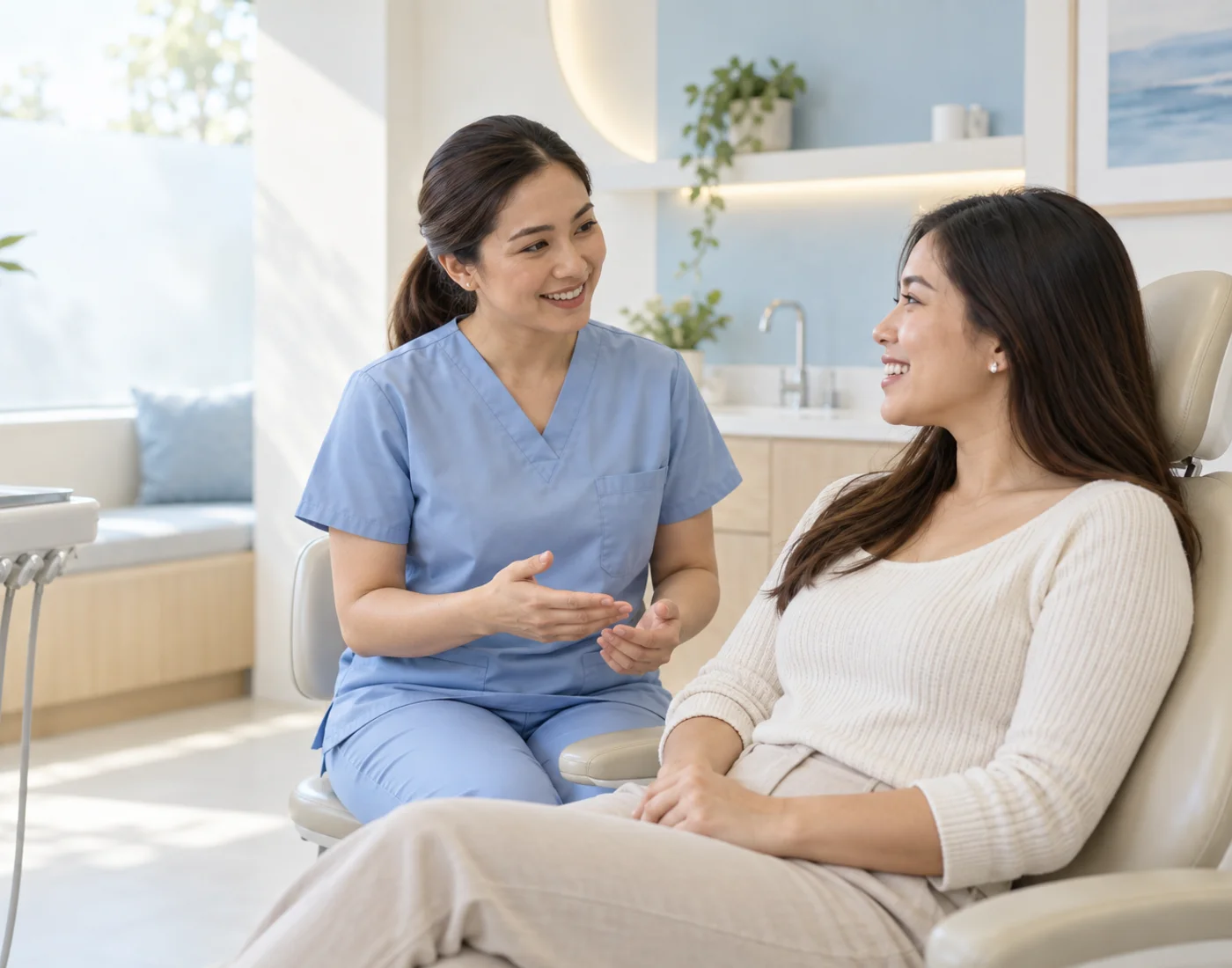 A dentist and patient having a relaxed conversation in a bright clinic