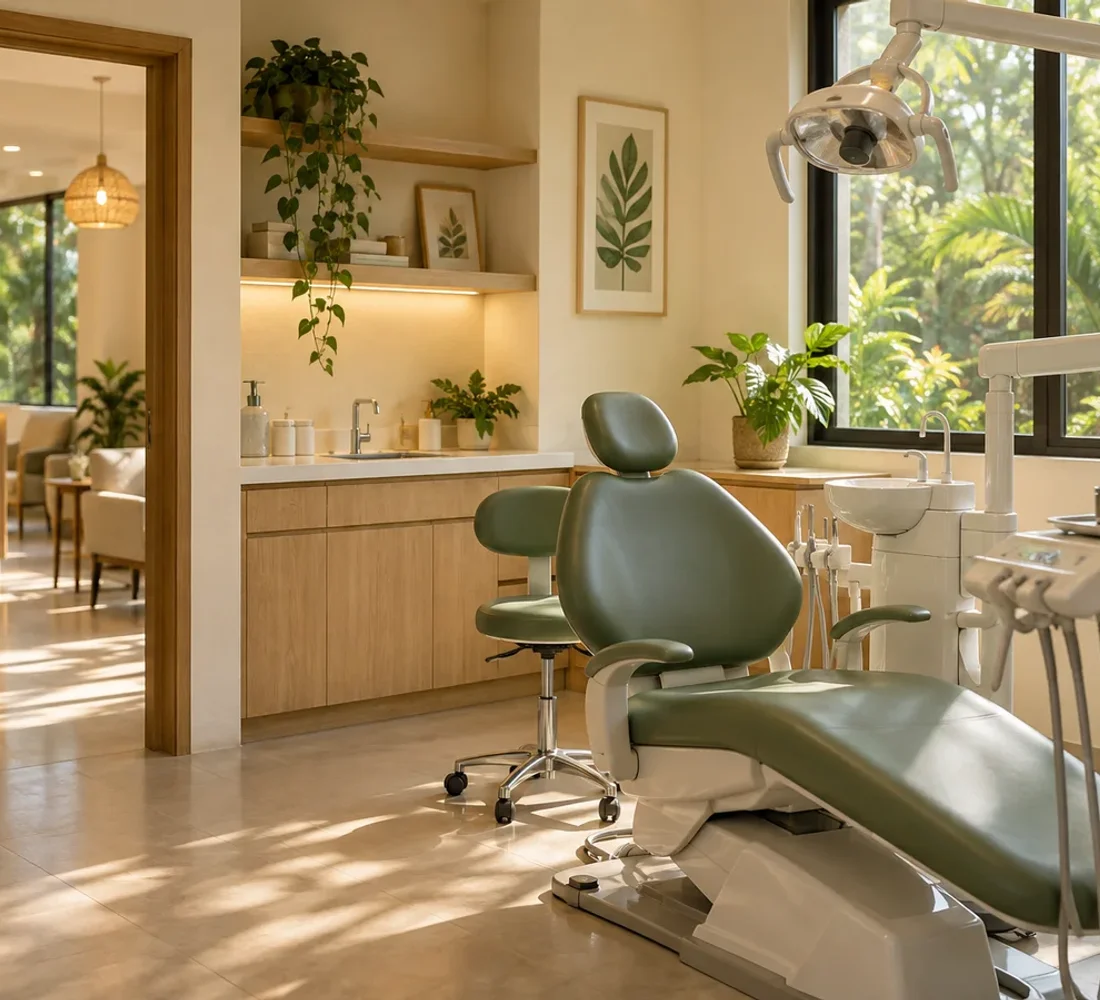 An airy dental treatment room with natural light and warm wooden cabinetry