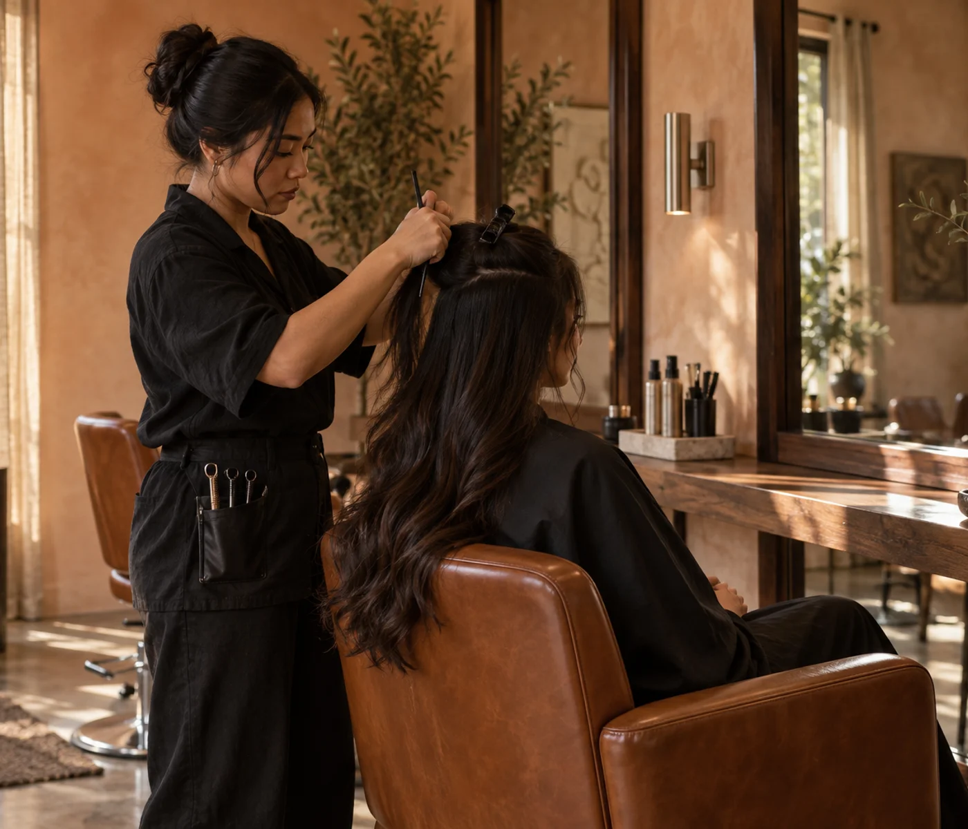 A stylist carefully working with a client's hair in a sunlit studio