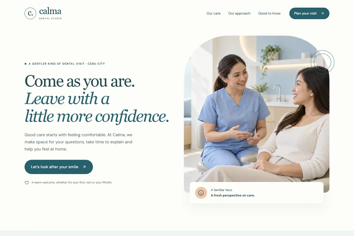 Calma Dental Studio website with a welcoming dentist, soft blue tones and an arched photograph.