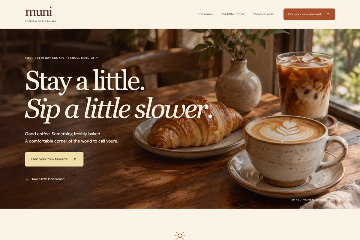 Muni Coffee House website featuring fresh coffee and pastries, warm brown tones and inviting typography.
