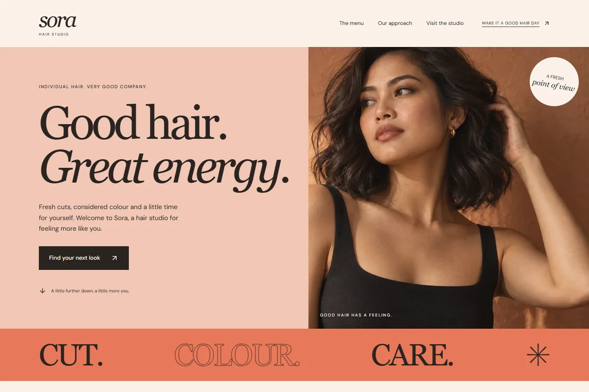 Sora Hair Studio website with peach colours, expressive lettering and an editorial hair portrait.