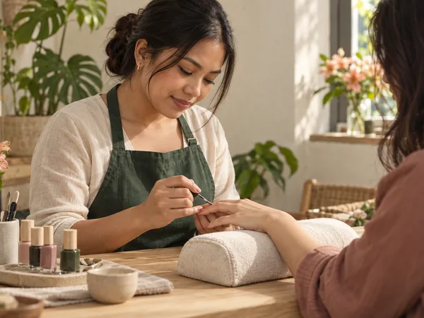 A nail artist working on a manicure in a sunlit independent studio