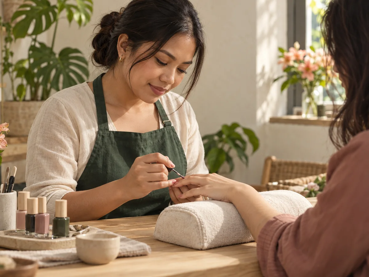 A nail artist working on a manicure in a sunlit independent studio