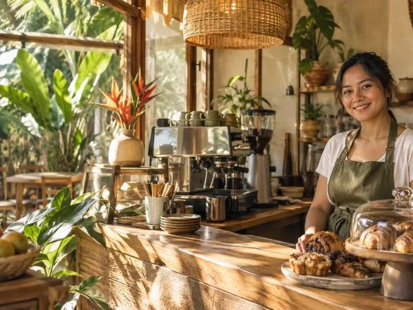 A neighborhood café with fresh pastries, warm wood and tropical plants
