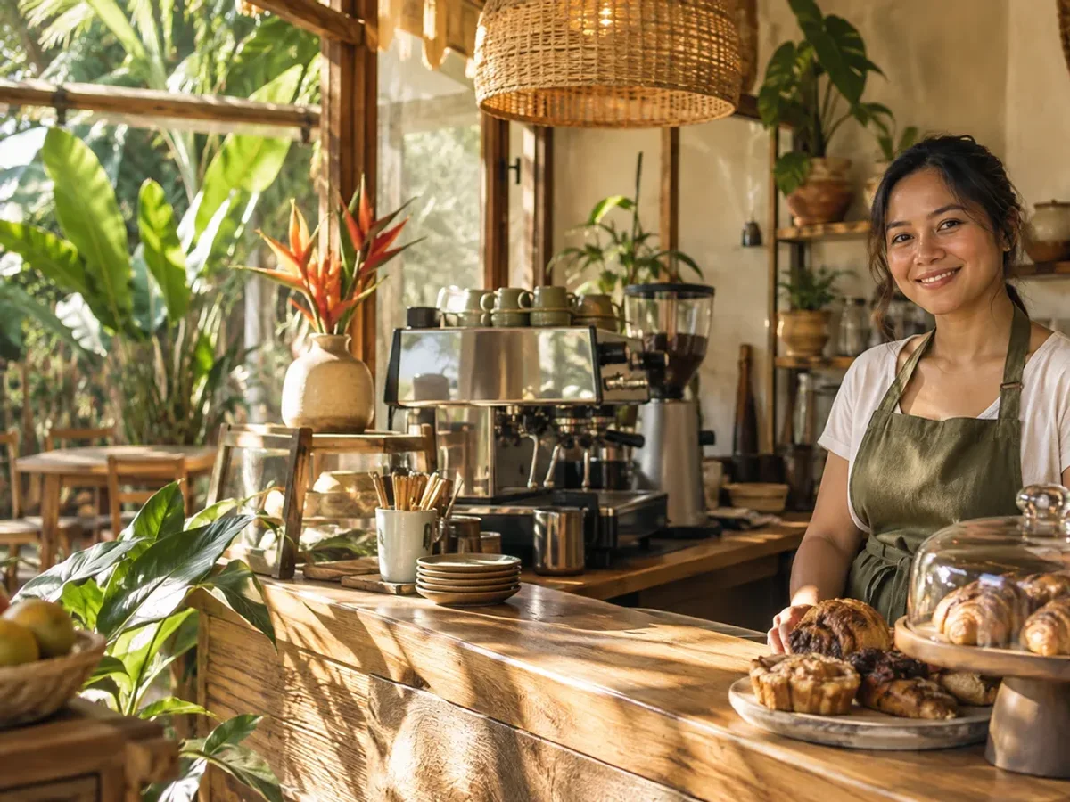 A neighborhood café with fresh pastries, warm wood and tropical plants