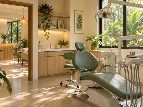 A welcoming dental clinic with a sage green chair and natural light