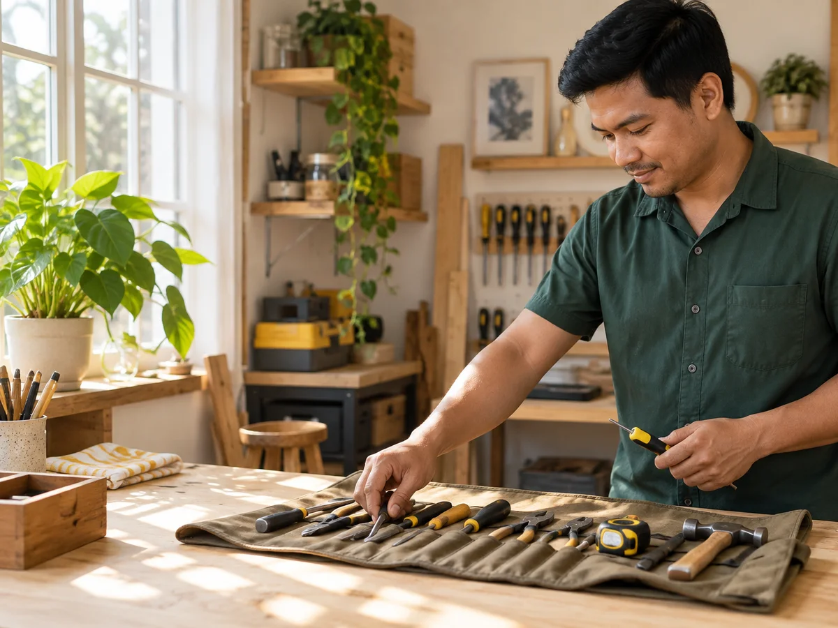 A home-service technician selecting a tool in a sunlit workshop
